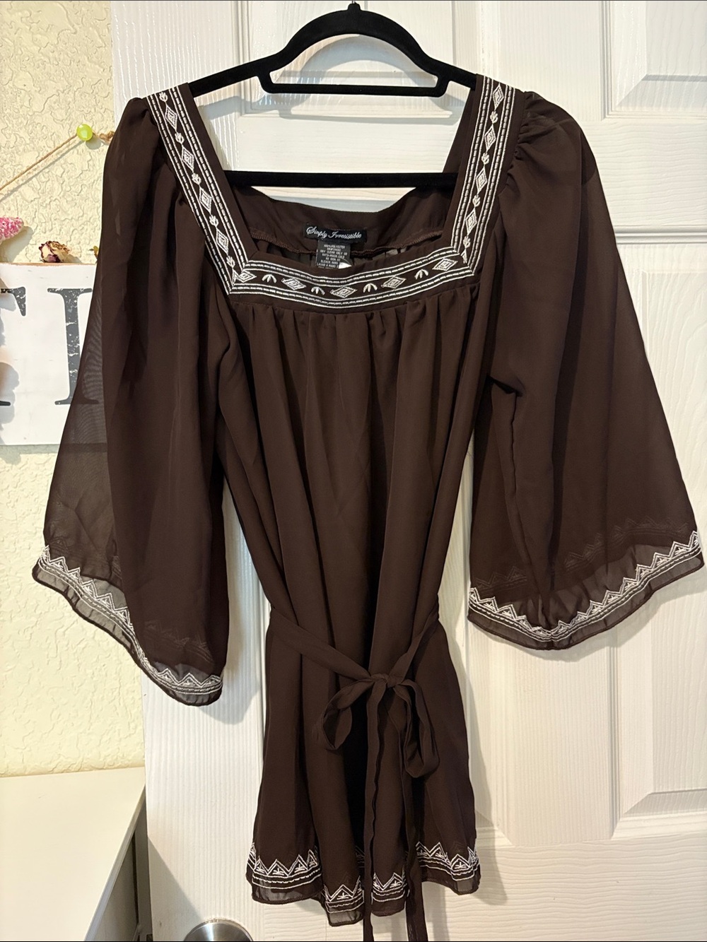 Simply Irresistible Brown Embroidered Square-Neck Tunic